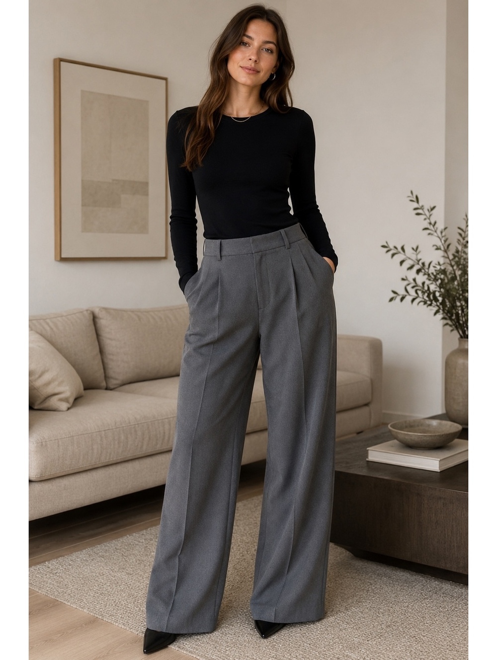 ZARA Women’s Gray Pleated Wide Leg Trousers Size M